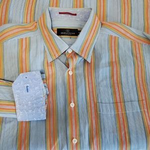 Bugatchi Uomo Button Down Long Sleeve Dress Shirt Blue Orange Striped Sz XXL